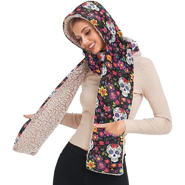 Winter Hooded Scarf for Women Pink Mushroom Pattern Hoodie Hat